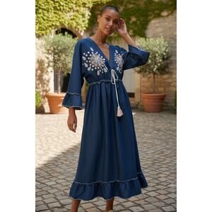 Lula Natura Suzanne Denim Dress Maxi M/L w/Sequins, Pearls, Embroidery